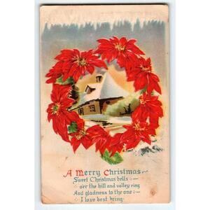 Vintage Christmas Postcard with Poinsettia Wreath & Snowy Cottage